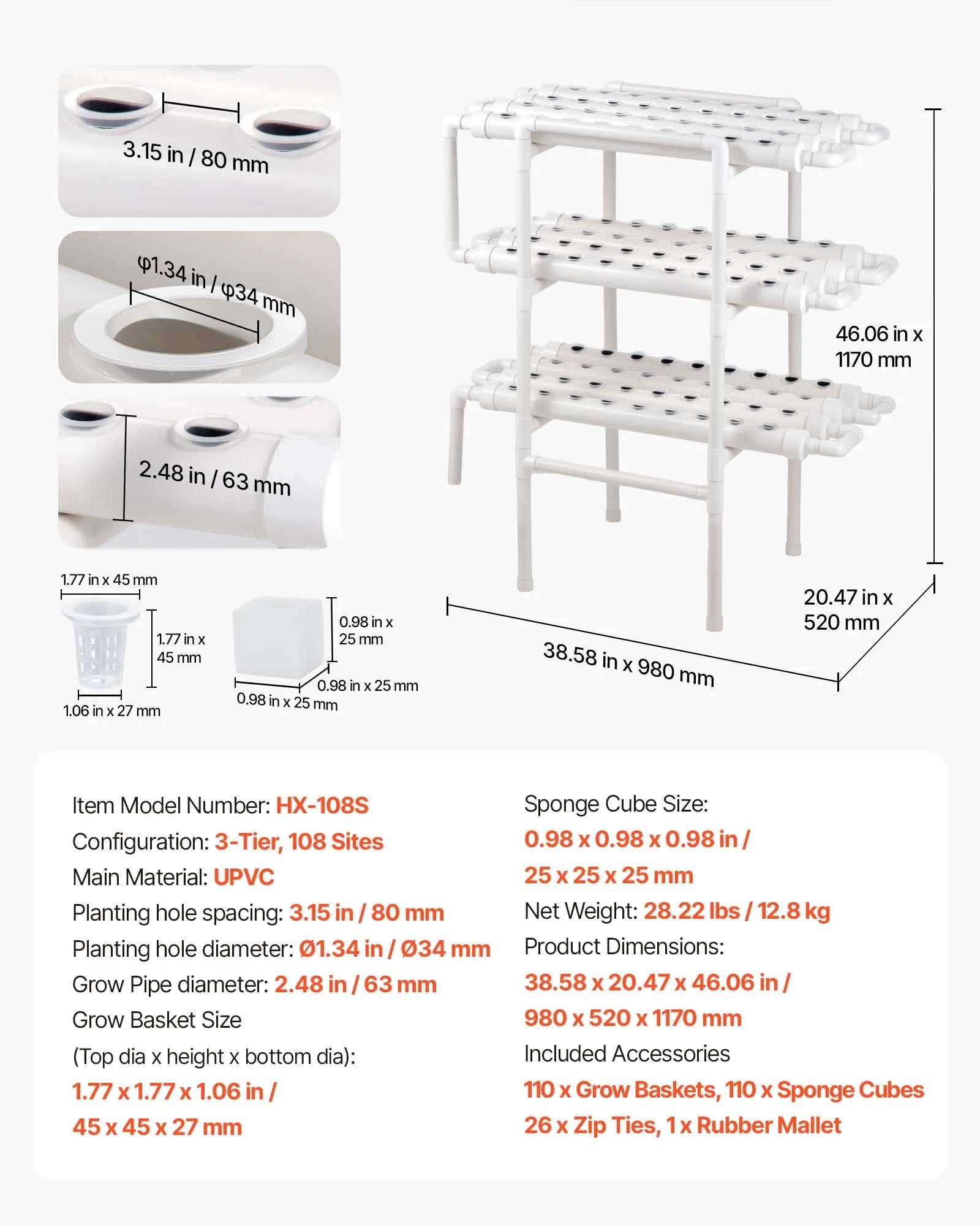HX-108S 3-Tier 108-Site Hydroponic Growing System with Timed Irrigation