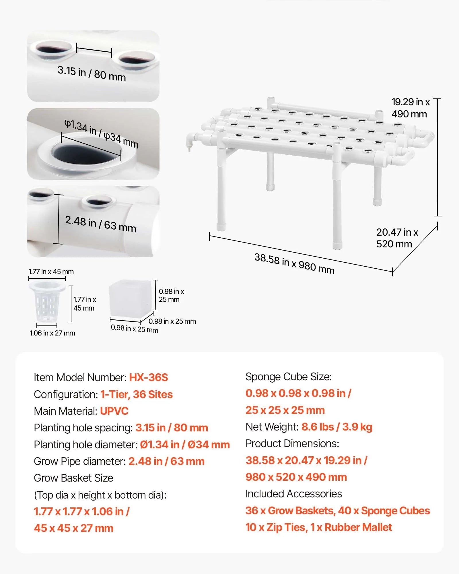 HX-36S Hydroponics Growing System Kit – 36-Site 1-Tier UPVC NFT Grow Kit with Timer