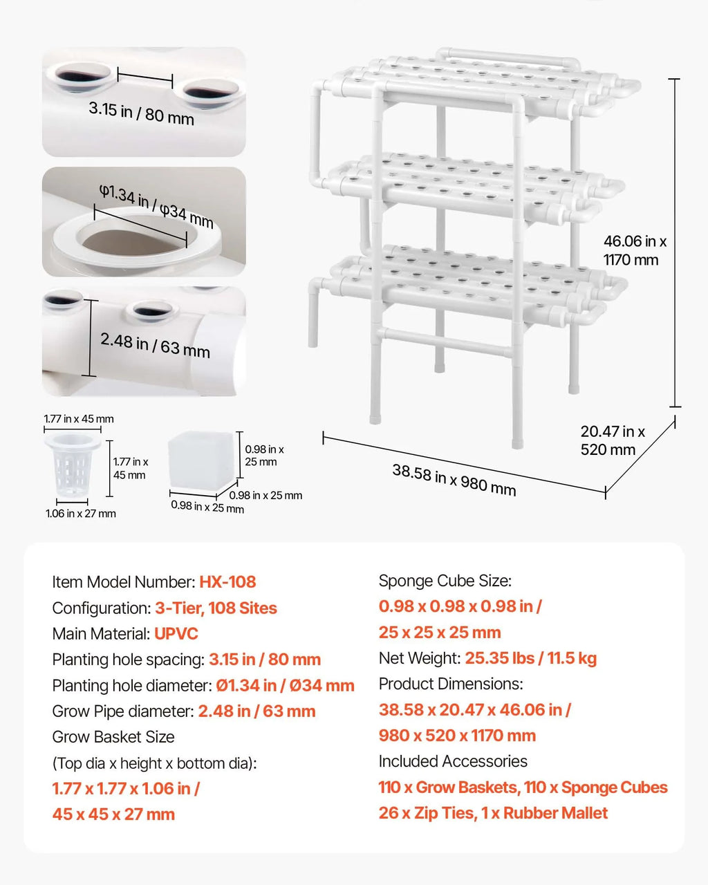 HX-108 3-Tier 108-Site Hydroponic Growing System Kit with Timed Irrigation