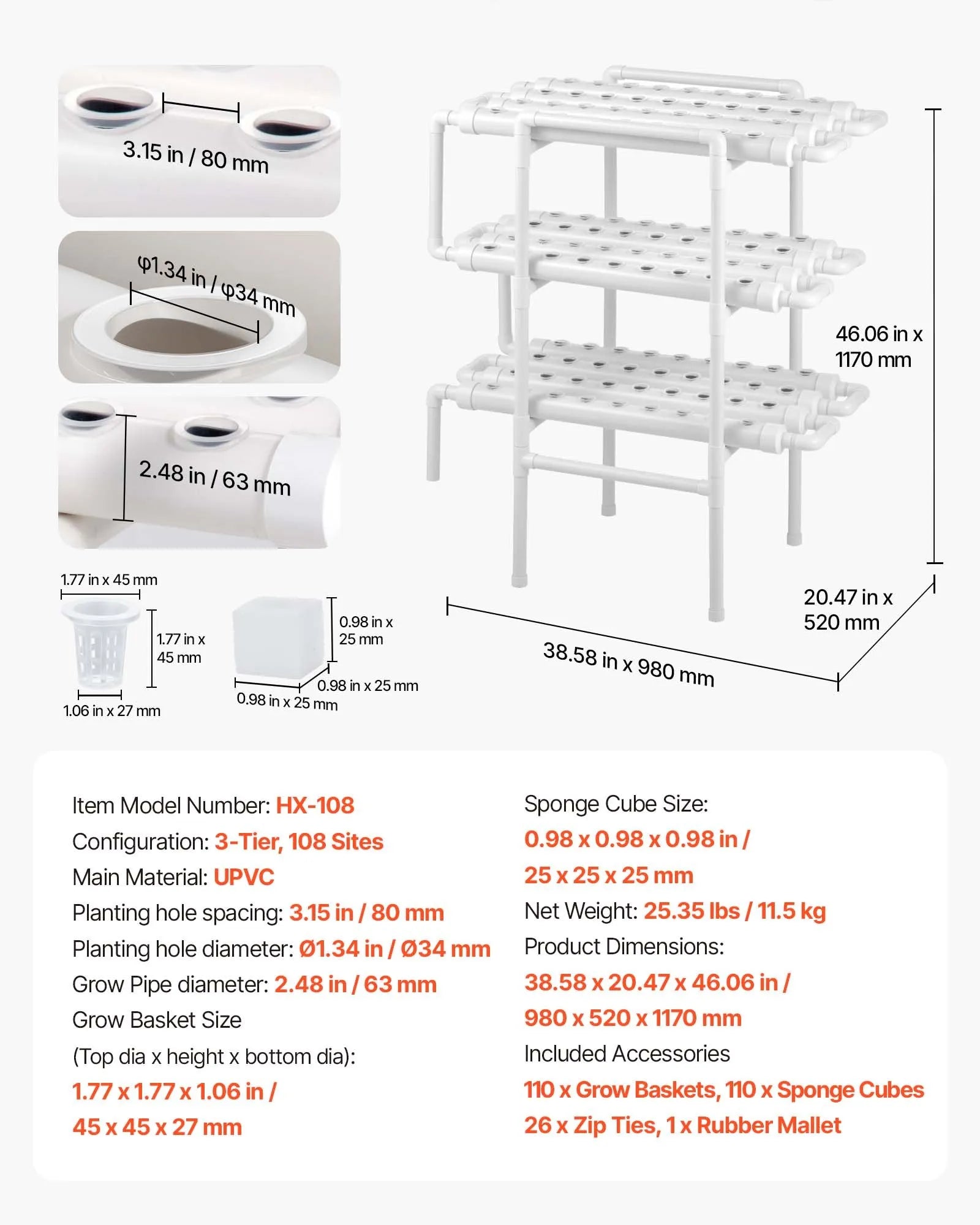 HX-108 3-Tier 108-Site Hydroponic Growing System Kit with Timed Irrigation