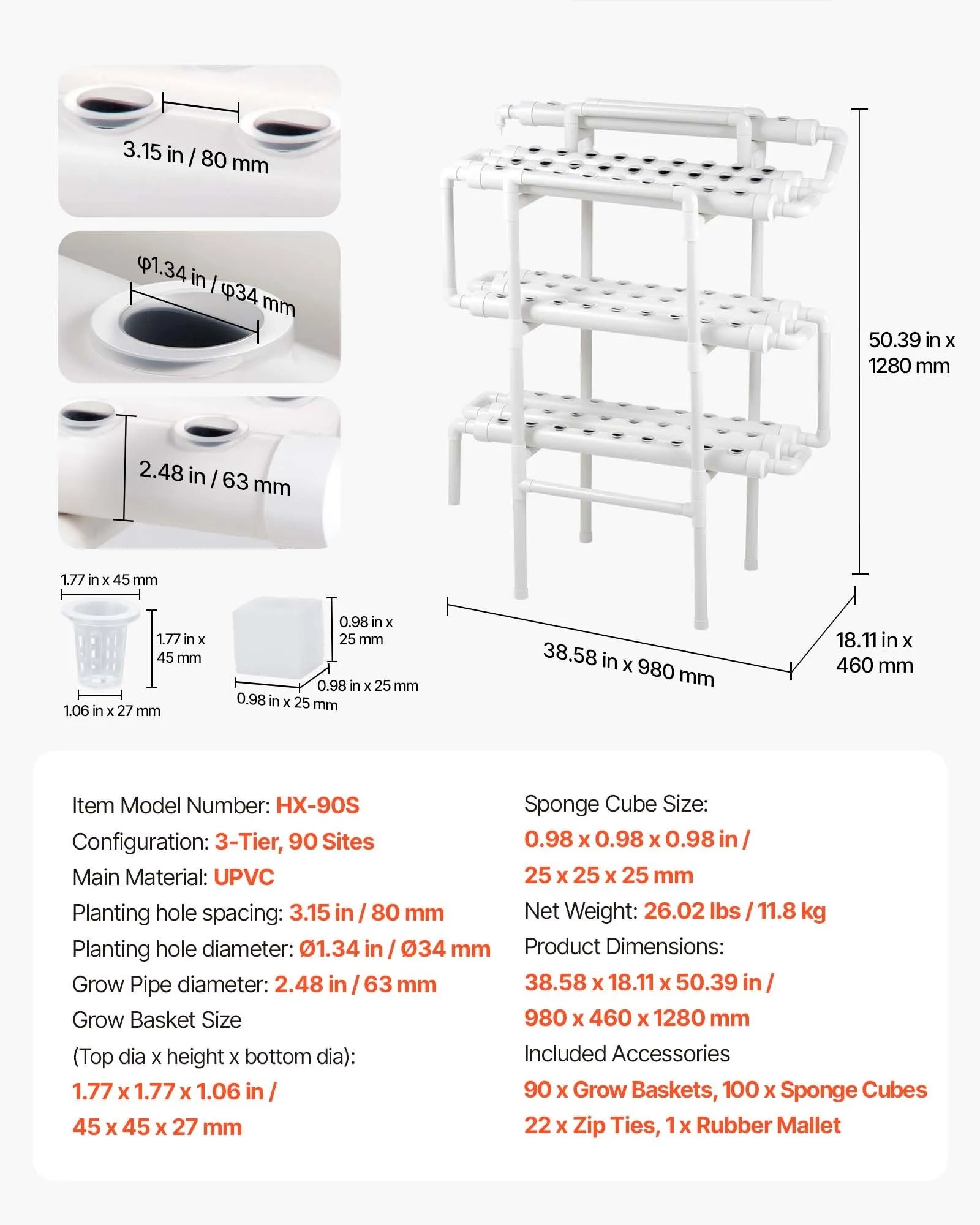 HX-90S 3-Tier 90-Site Hydroponic Growing System Kit with Timed Irrigation
