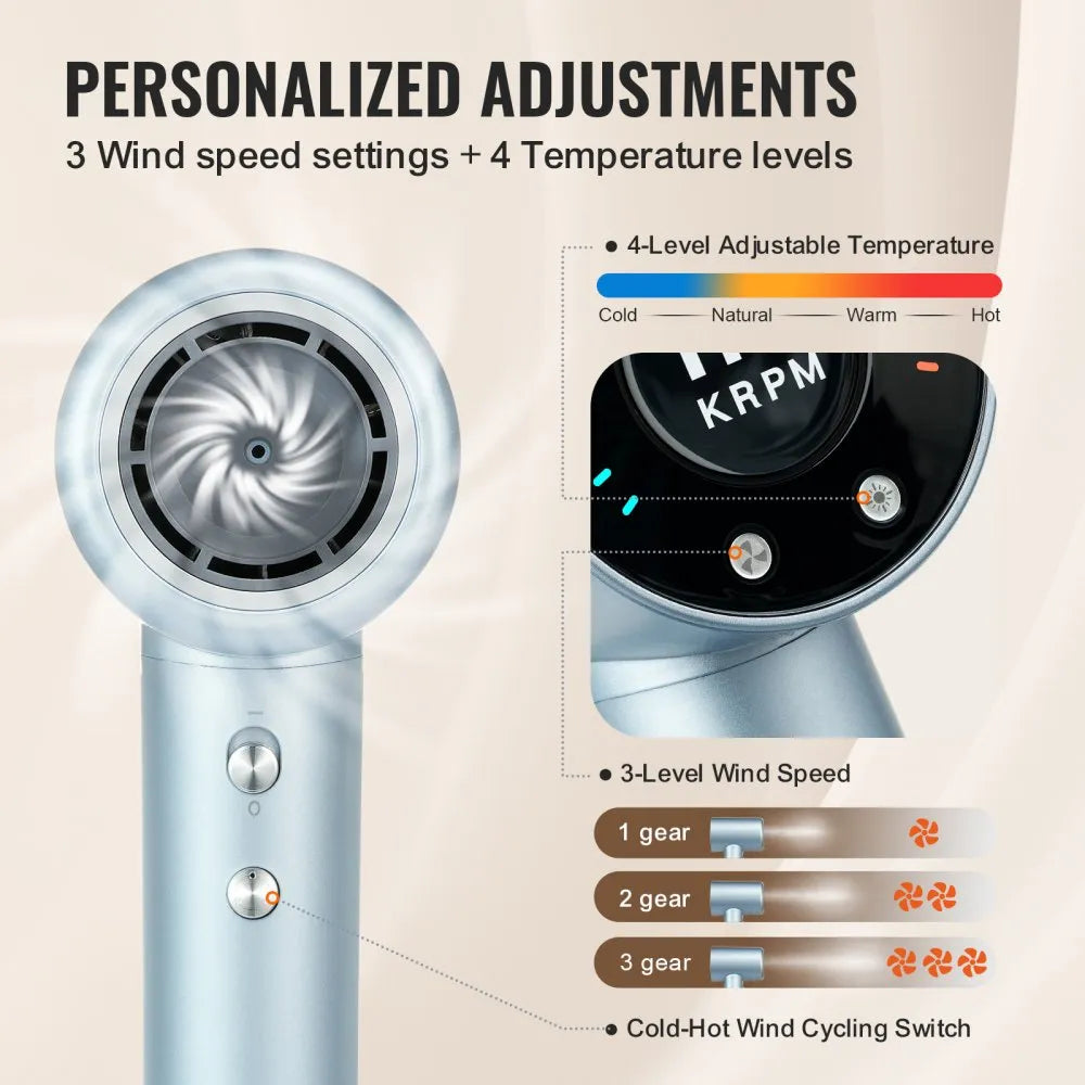K13 High-Speed Ionic Hair Dryer 105,000 RPM Brushless Motor with LCD Display