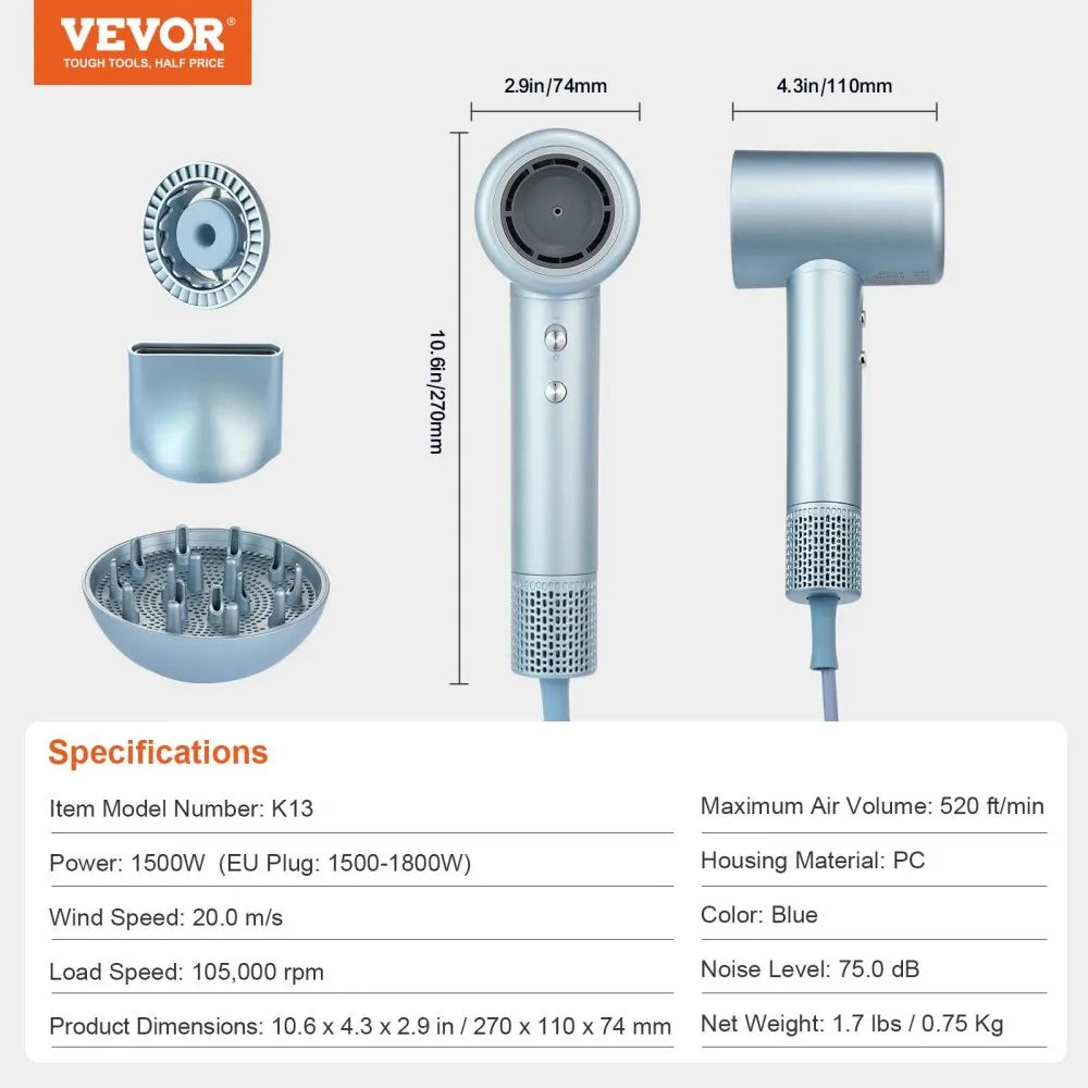 K13 High-Speed Ionic Hair Dryer 105,000 RPM Brushless Motor with LCD Display