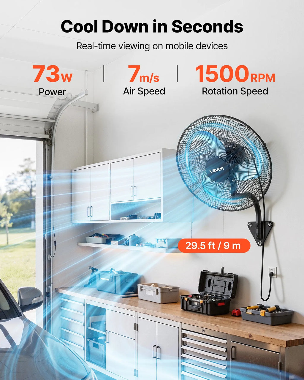 18" Wall Mount Fan, 3-Speed Oscillating Industrial Fan, 2600 CFM, Black
