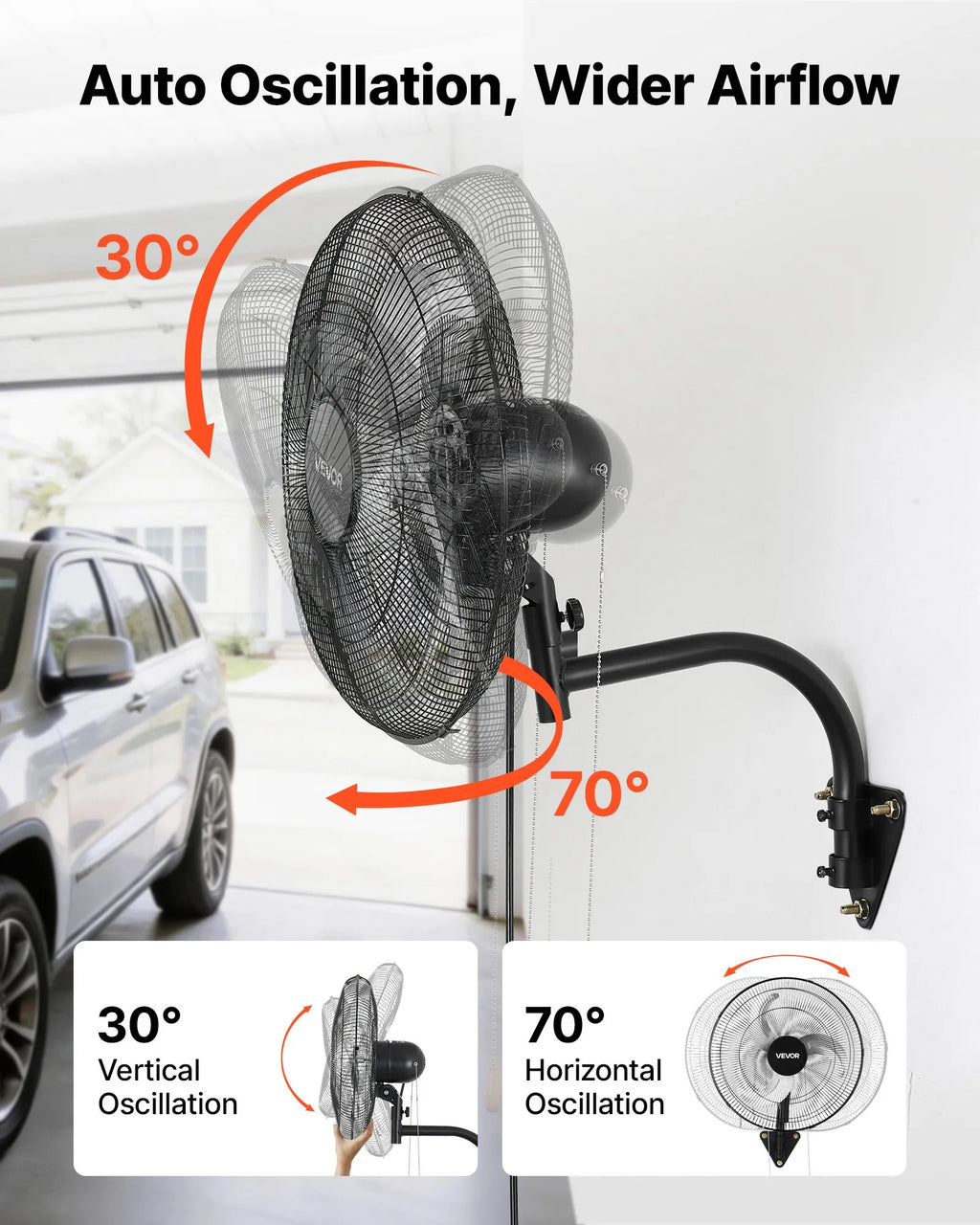 18" Wall Mount Fan, 3-Speed Oscillating Industrial Fan, 2600 CFM, Black