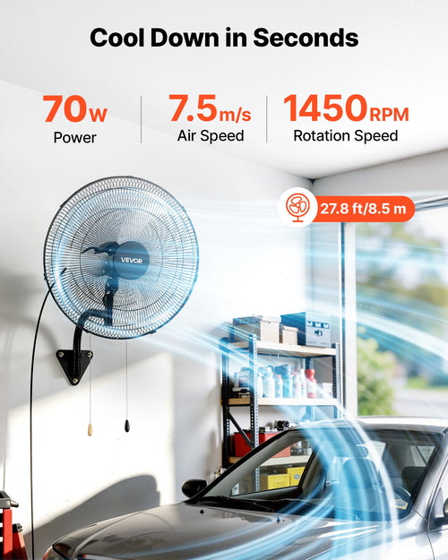 20" Wall Mount Oscillating Fan, 3-Speed Industrial Hanging Fan, 3600 CFM