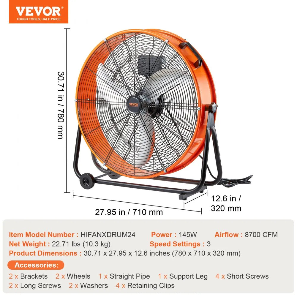 HIFANXDRUM24 24" High Velocity Industrial Drum Fan – 3-Speed, 8700 CFM, 360° Tilt, 2-Hour Timer