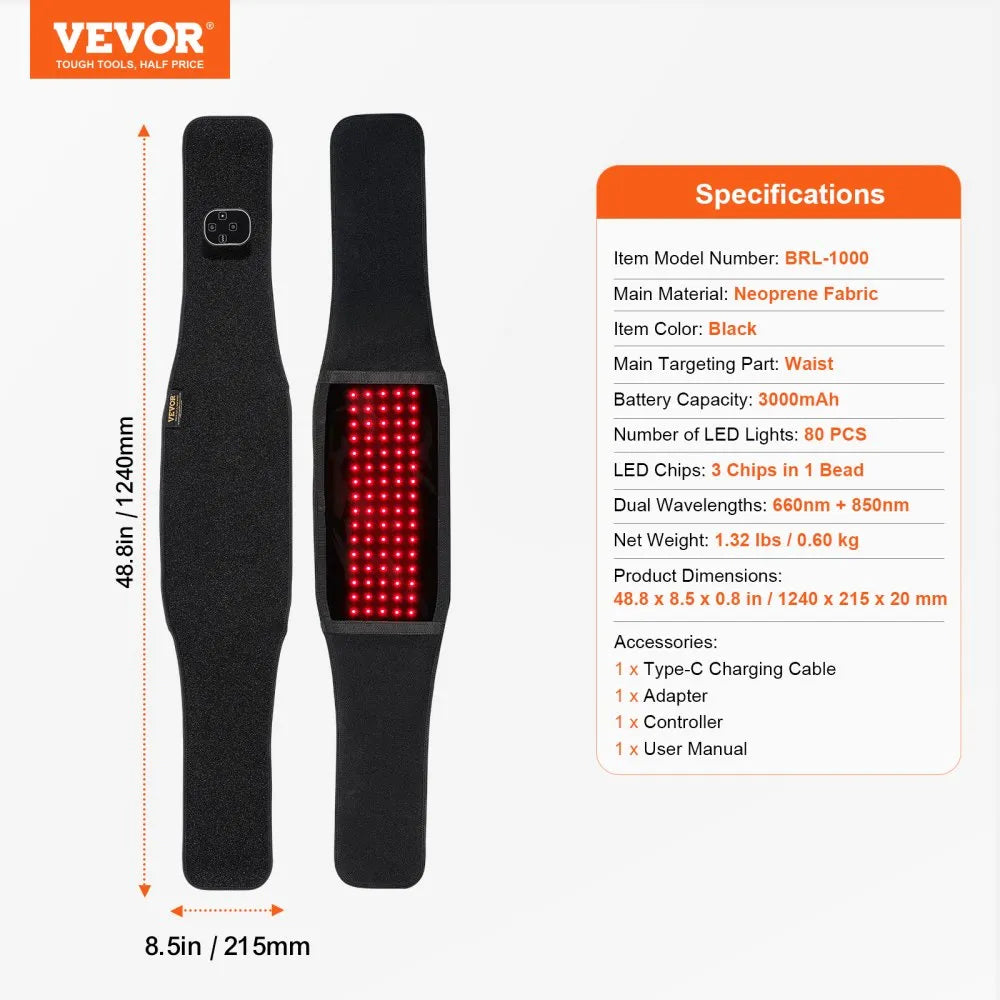 BRL-1000 Red Light Therapy Belt for Waist & Shoulder – Cordless 660nm & 850nm LED Pain Relief Wrap