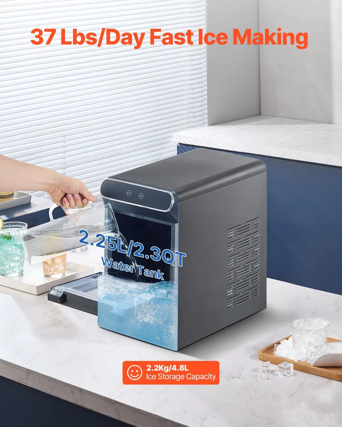 37lbs/Day Nugget Ice Maker, Self-Cleaning Pebble Ice Machine with Scoop & Basket, Stainless Steel