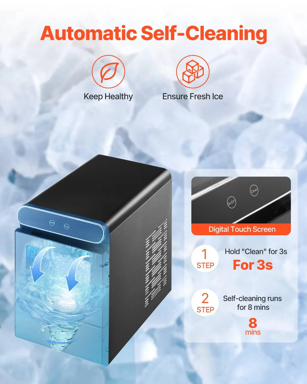 37lbs/Day Nugget Ice Maker, Self-Cleaning Pebble Ice Machine with Scoop & Basket, Stainless Steel