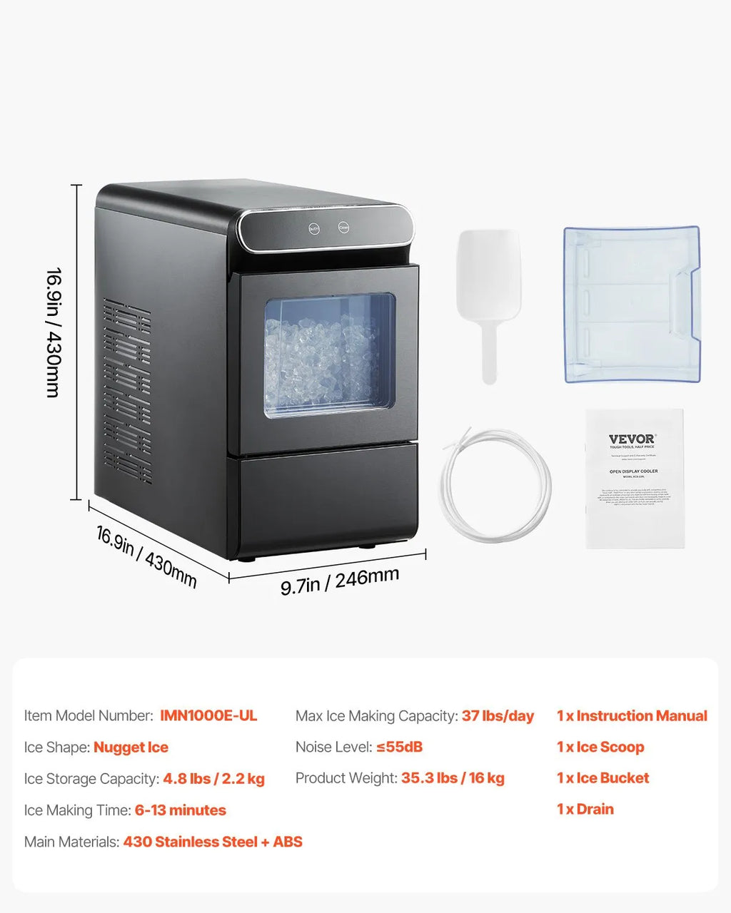 37lbs/Day Nugget Ice Maker, Self-Cleaning Pebble Ice Machine with Scoop & Basket, Stainless Steel