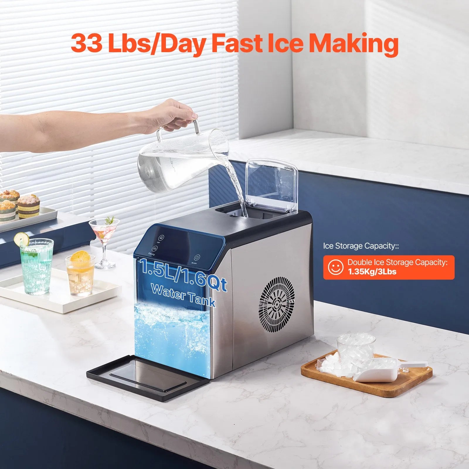 DIM-15A 33lbs/24H Nugget Ice Maker, Self-Cleaning Pebble Ice Machine, Stainless Steel Countertop Ice Maker with Scoop & Drip Tray