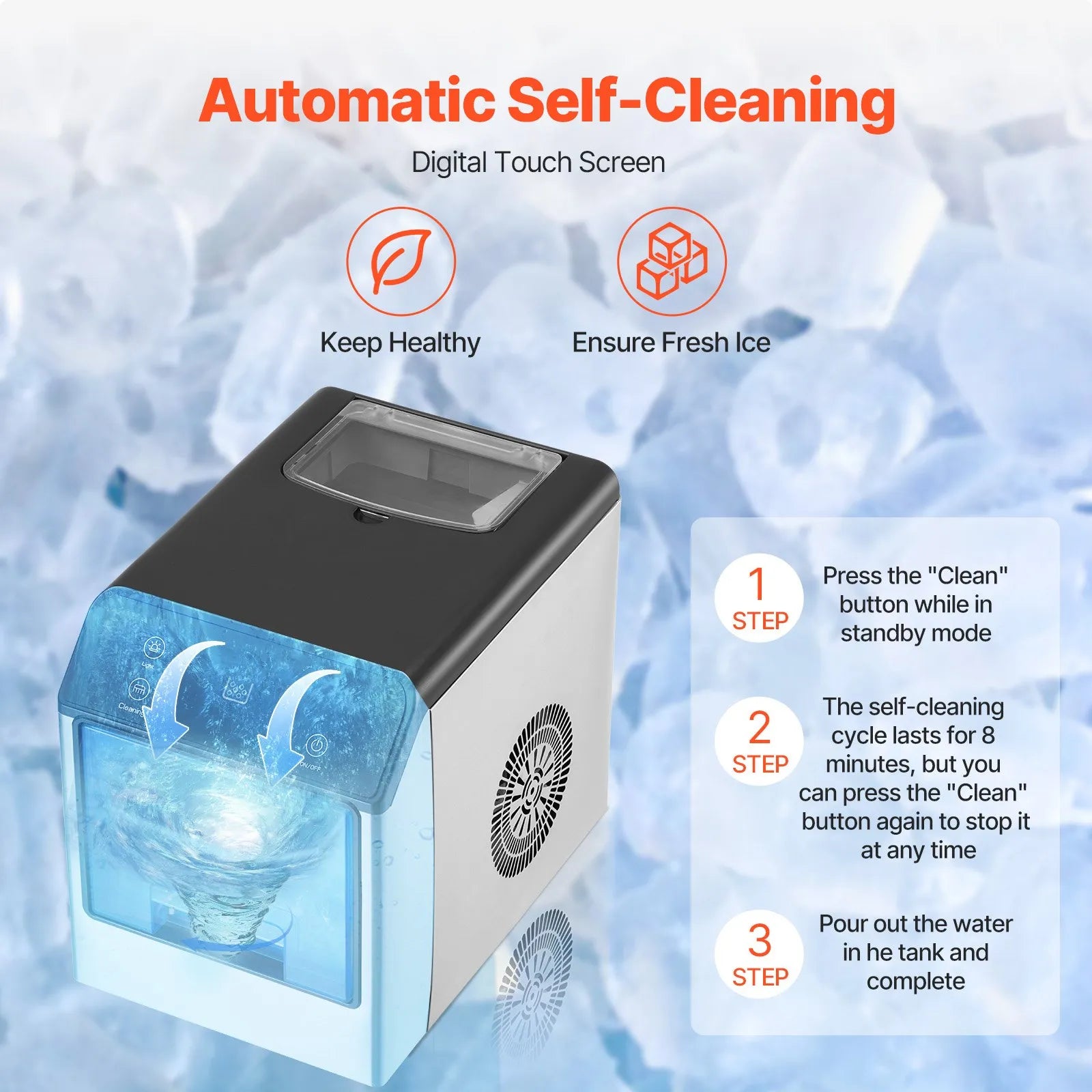 DIM-15A 33lbs/24H Nugget Ice Maker, Self-Cleaning Pebble Ice Machine, Stainless Steel Countertop Ice Maker with Scoop & Drip Tray