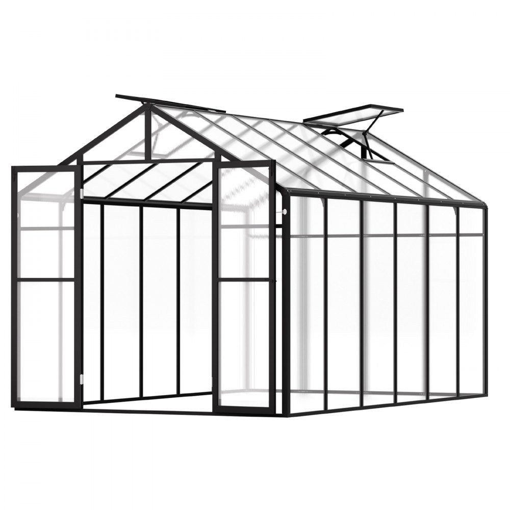 AM036 8 x 12 FT Polycarbonate Greenhouse with 2 Adjustable Vent Windows, Walk-In Aluminum Outdoor Greenhouse Kit with Hinged Door for Garden & Backyard