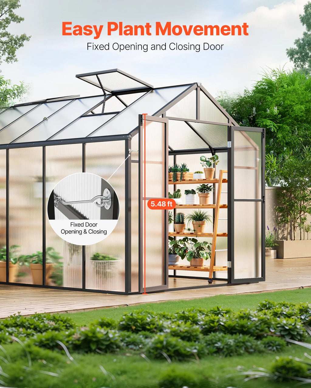 AM036 8 x 12 FT Polycarbonate Greenhouse with 2 Adjustable Vent Windows, Walk-In Aluminum Outdoor Greenhouse Kit with Hinged Door for Garden & Backyard