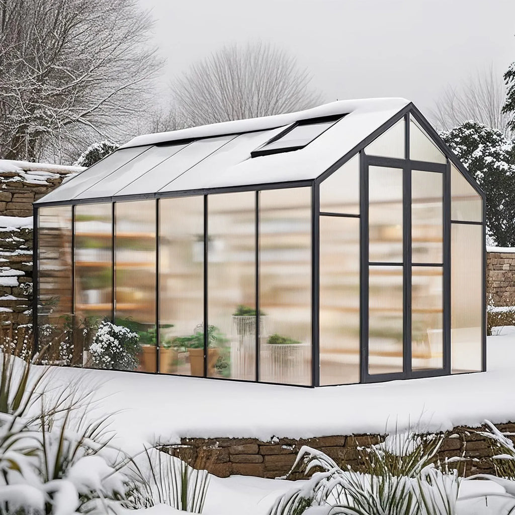 AM036 8 x 12 FT Polycarbonate Greenhouse with 2 Adjustable Vent Windows, Walk-In Aluminum Outdoor Greenhouse Kit with Hinged Door for Garden & Backyard