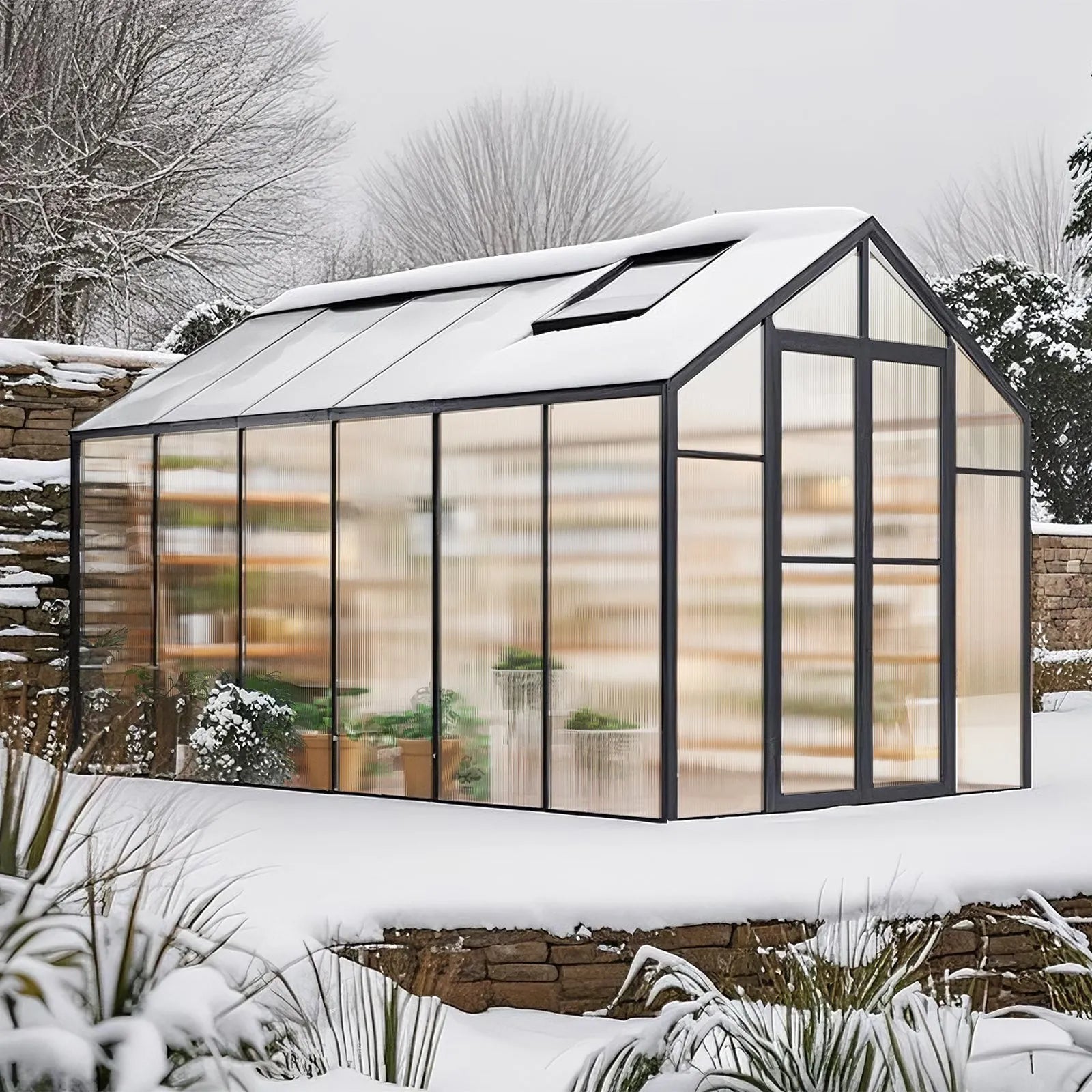 AM036 8 x 12 FT Polycarbonate Greenhouse with 2 Adjustable Vent Windows, Walk-In Aluminum Outdoor Greenhouse Kit with Hinged Door for Garden & Backyard