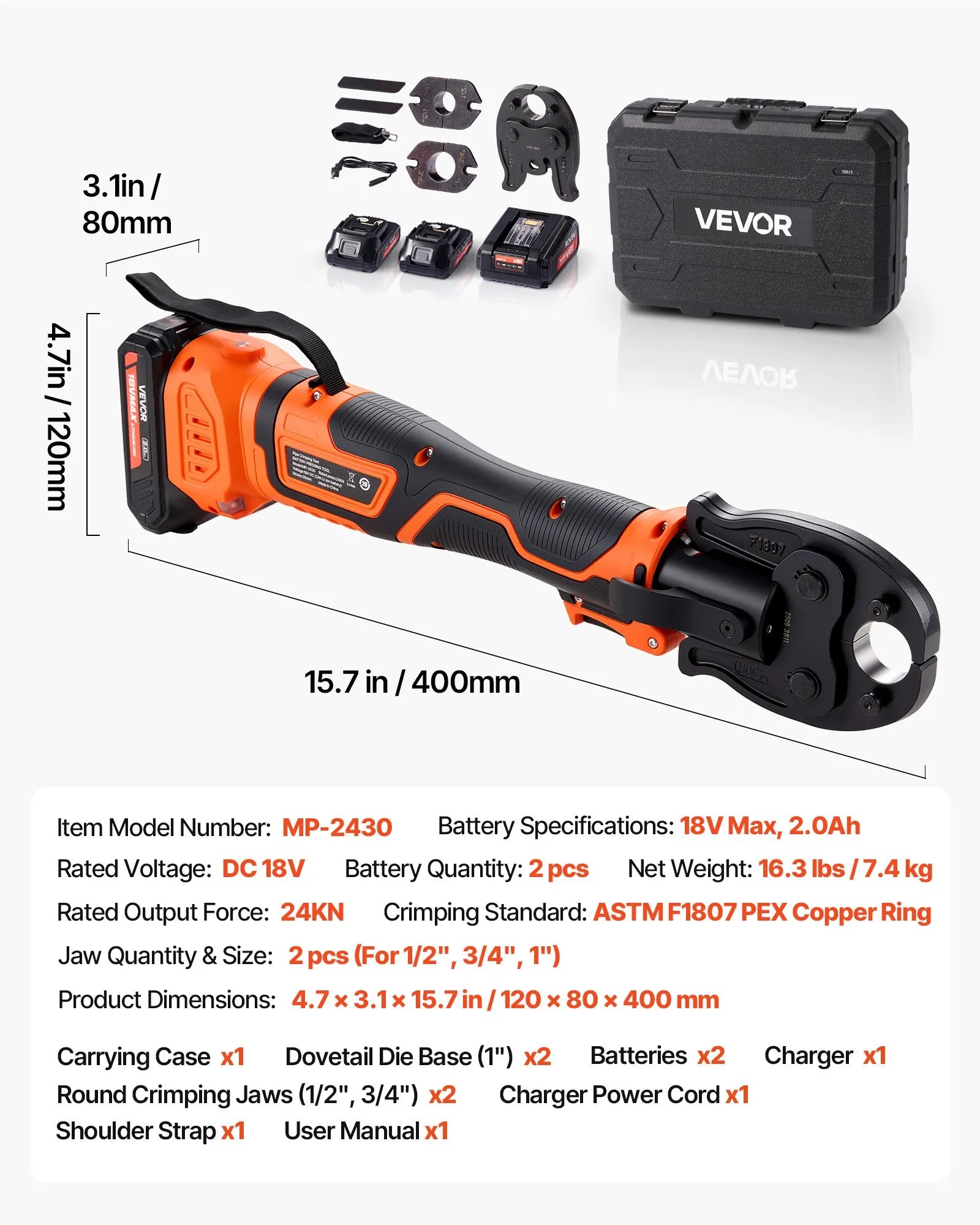 MP-2430 18V Cordless PEX Press Tool Kit with 24KN Force, 1/2", 3/4" & 1" Jaws, Dual 2.0Ah Batteries