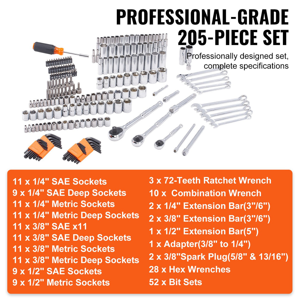 XL3264 205-Piece Mechanics Tool & Socket Set – SAE & Metric, 1/4", 3/8", 1/2" Drive with Storage Case