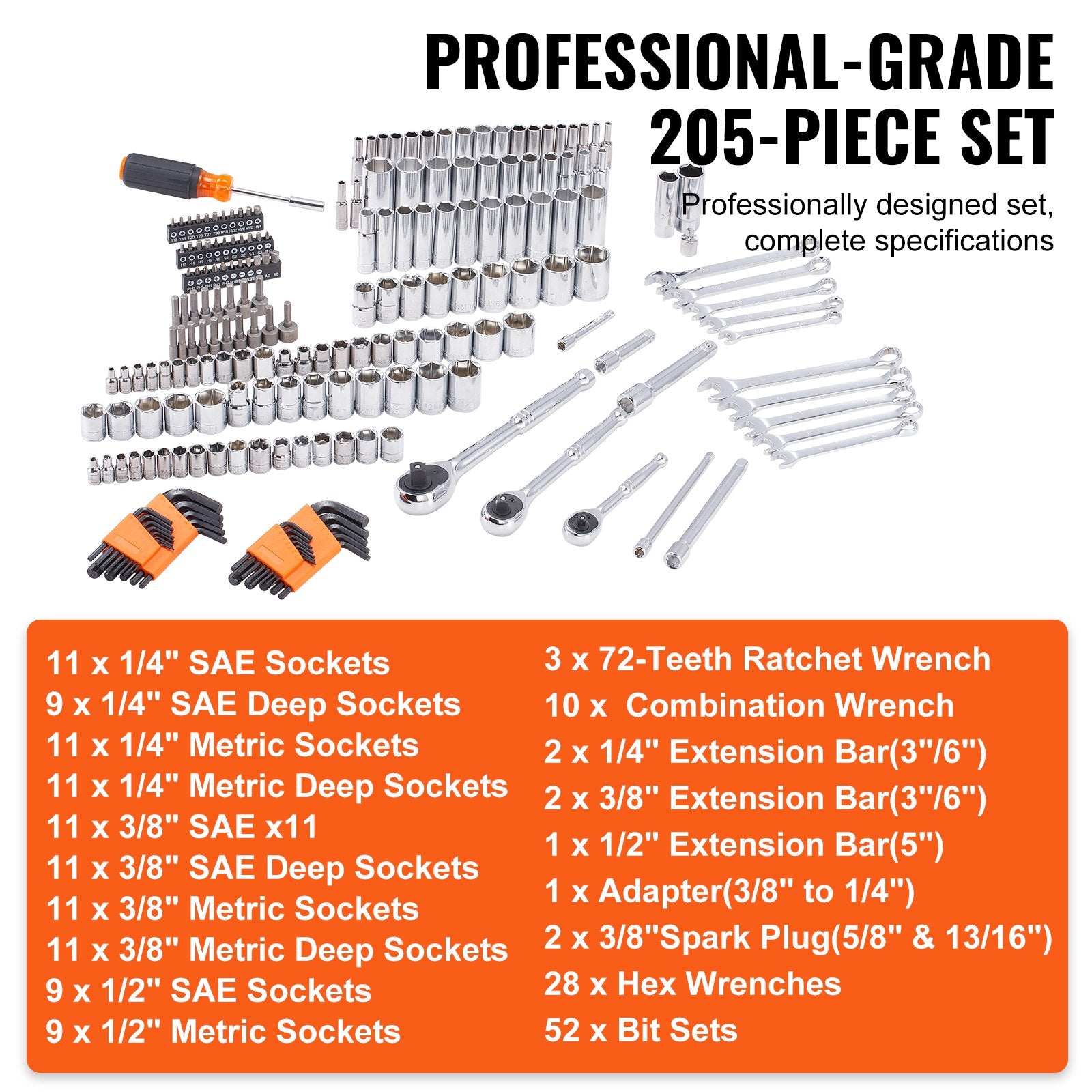 XL3264 205-Piece Mechanics Tool & Socket Set – SAE & Metric, 1/4", 3/8", 1/2" Drive with Storage Case