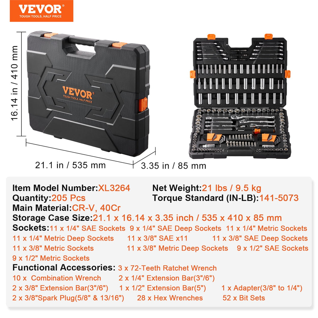 XL3264 205-Piece Mechanics Tool & Socket Set – SAE & Metric, 1/4", 3/8", 1/2" Drive with Storage Case