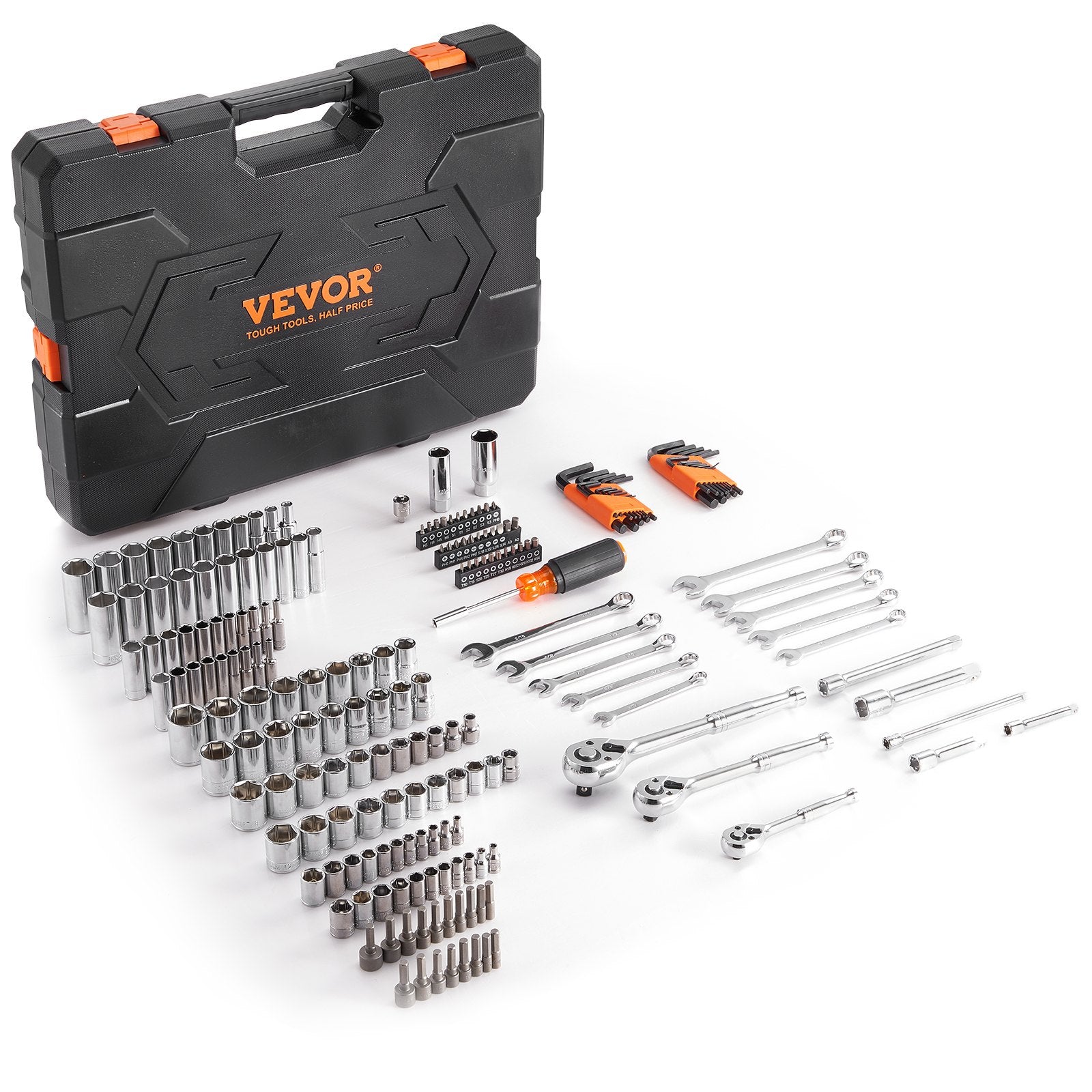 XL3264 205-Piece Mechanics Tool & Socket Set – SAE & Metric, 1/4", 3/8", 1/2" Drive with Storage Case