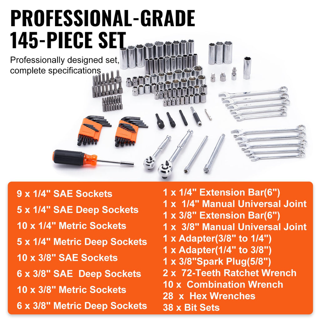 XL3263 145-Piece SAE & Metric Mechanics Tool & Socket Set with Wrenches, Bits & Storage Case