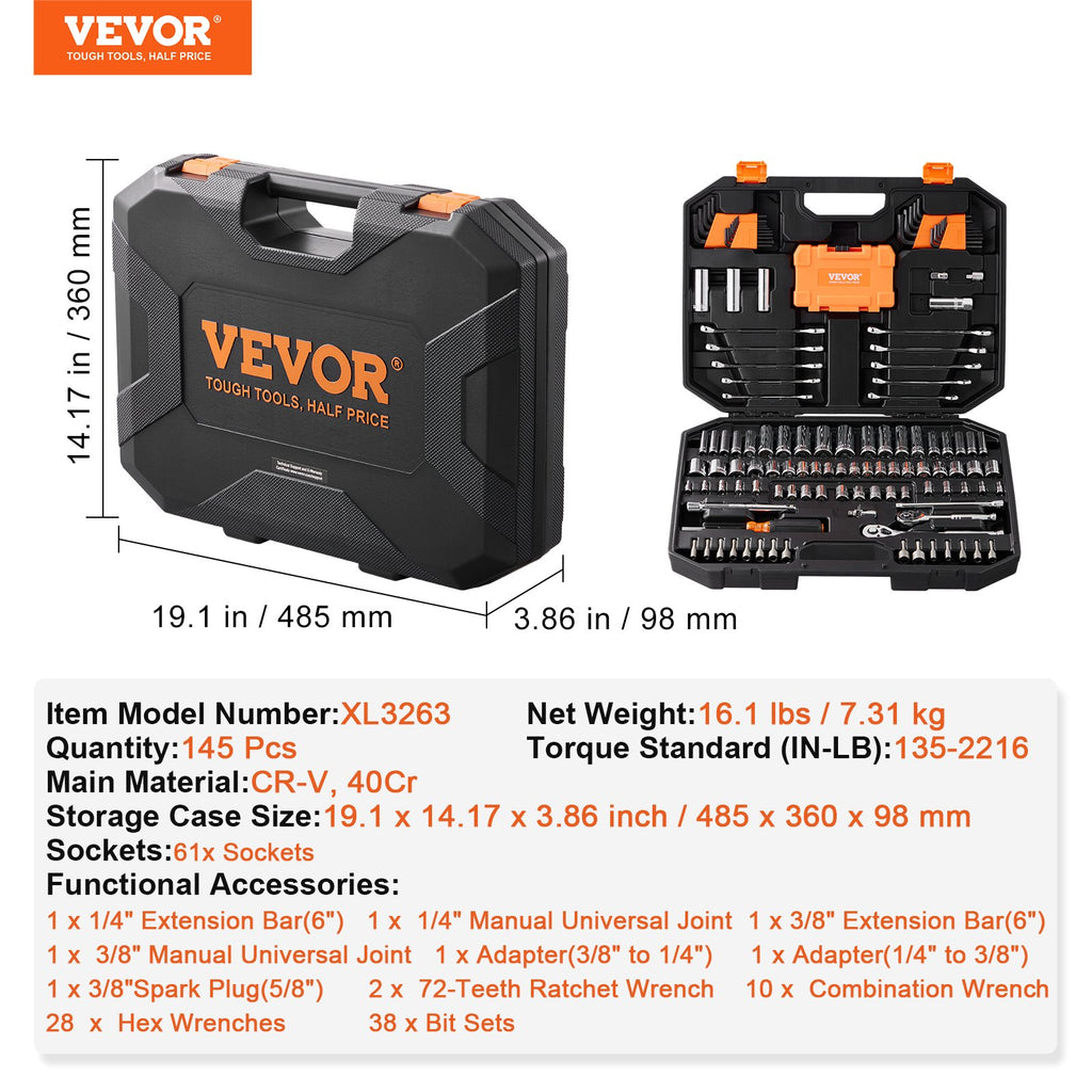 XL3263 145-Piece SAE & Metric Mechanics Tool & Socket Set with Wrenches, Bits & Storage Case