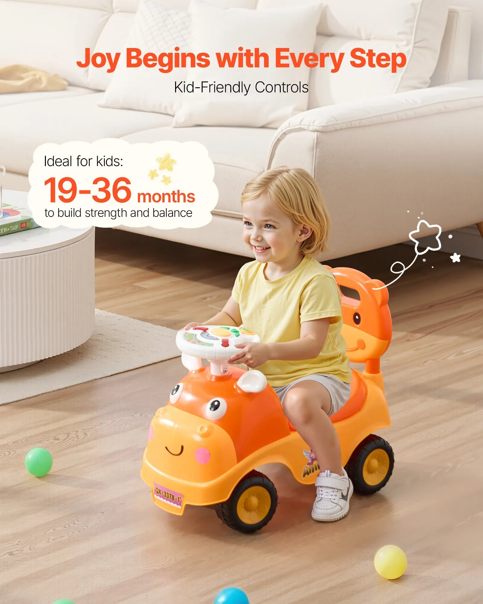 Toddler Push Ride-On Car with Music, Horn & Storage, 19–36 Months
