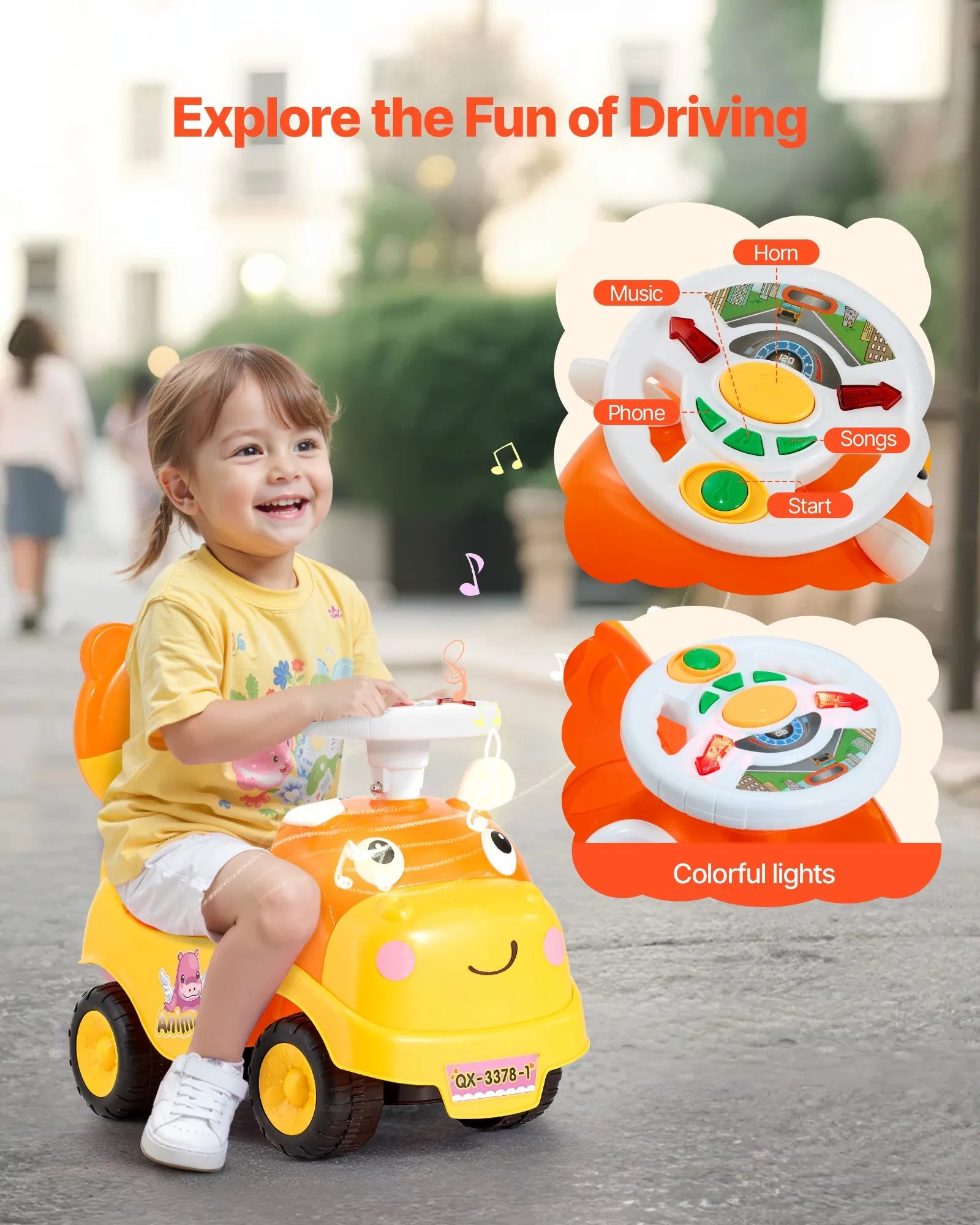 Toddler Push Ride-On Car with Music, Horn & Storage, 19–36 Months