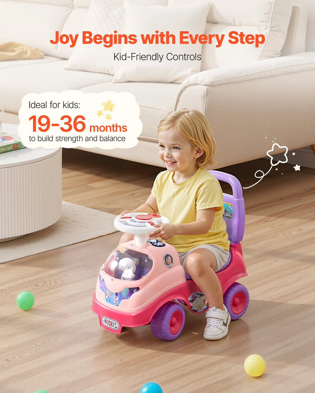 Toddler Push Ride-On Car with Music, Horn & Storage, Pink, Ages 19–36 Months