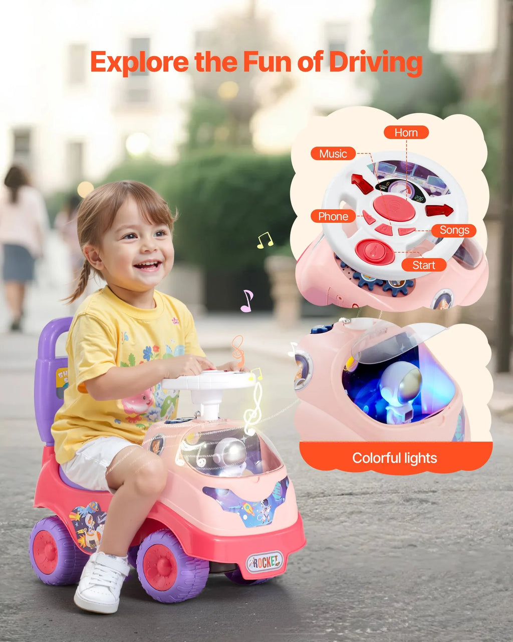 Toddler Push Ride-On Car with Music, Horn & Storage, Pink, Ages 19–36 Months