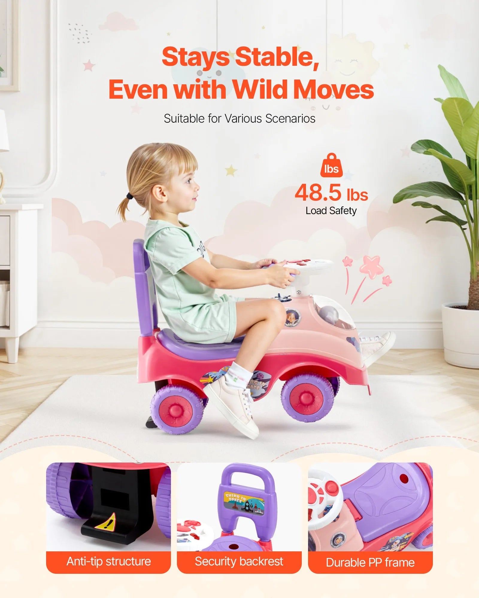 Toddler Push Ride-On Car with Music, Horn & Storage, Pink, Ages 19–36 Months