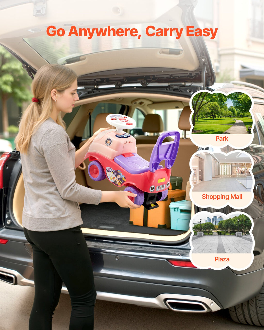 Toddler Push Ride-On Car with Music, Horn & Storage, Pink, Ages 19–36 Months