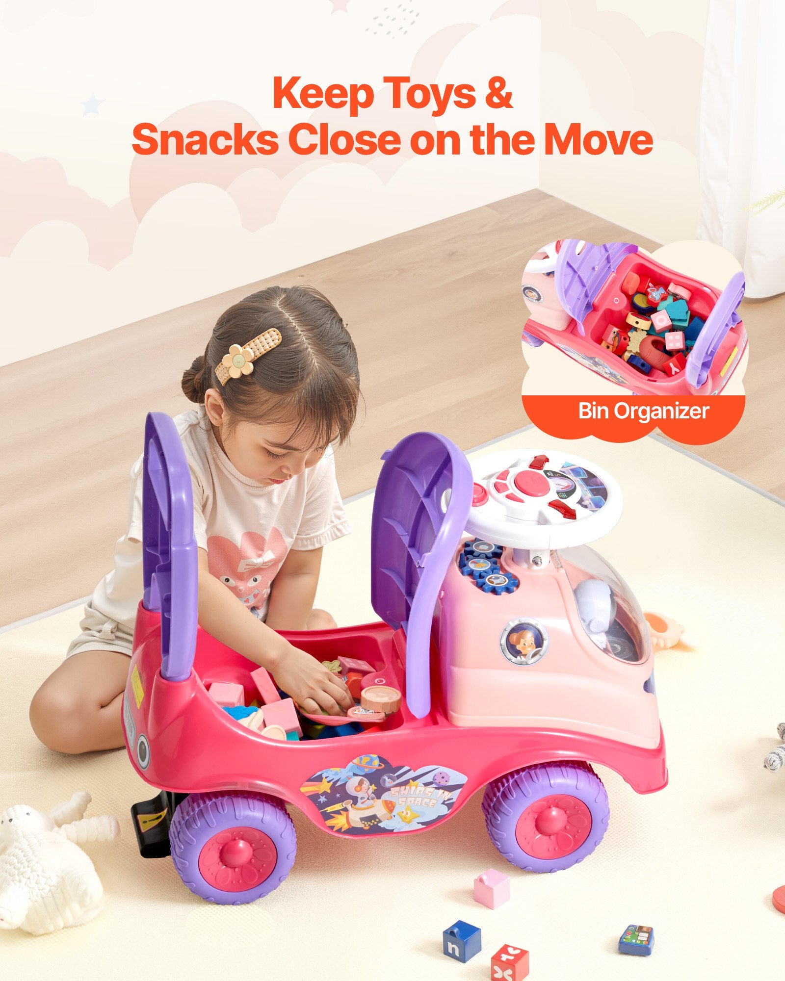Toddler Push Ride-On Car with Music, Horn & Storage, Pink, Ages 19–36 Months