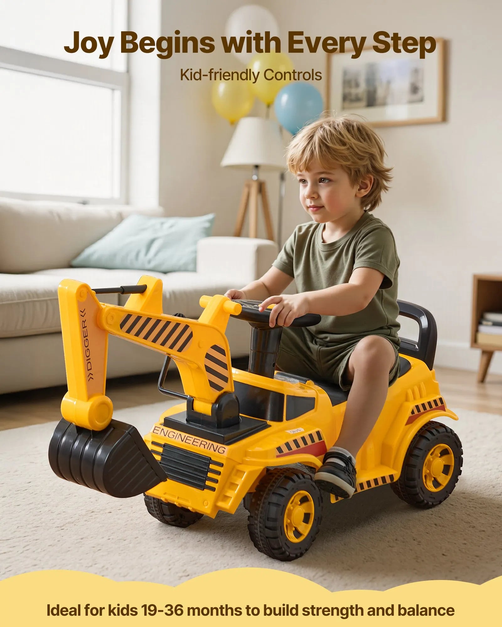 Toddler Ride-On Excavator Car with Helmet & Music, Foot-to-Floor Digger Toy, 55 lbs Capacity, Yellow