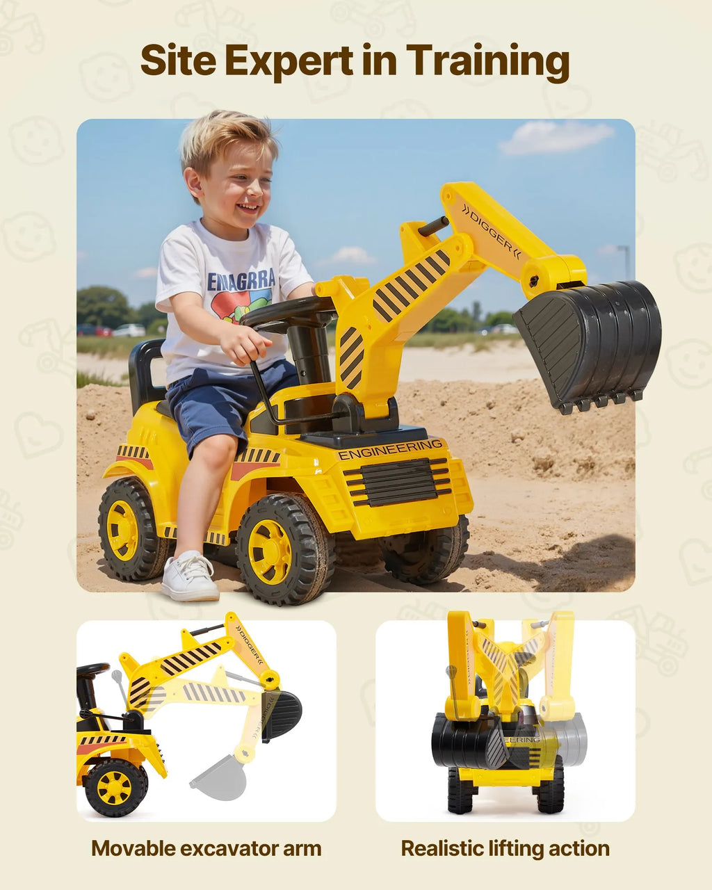 Toddler Ride-On Excavator Car with Helmet & Music, Foot-to-Floor Digger Toy, 55 lbs Capacity, Yellow