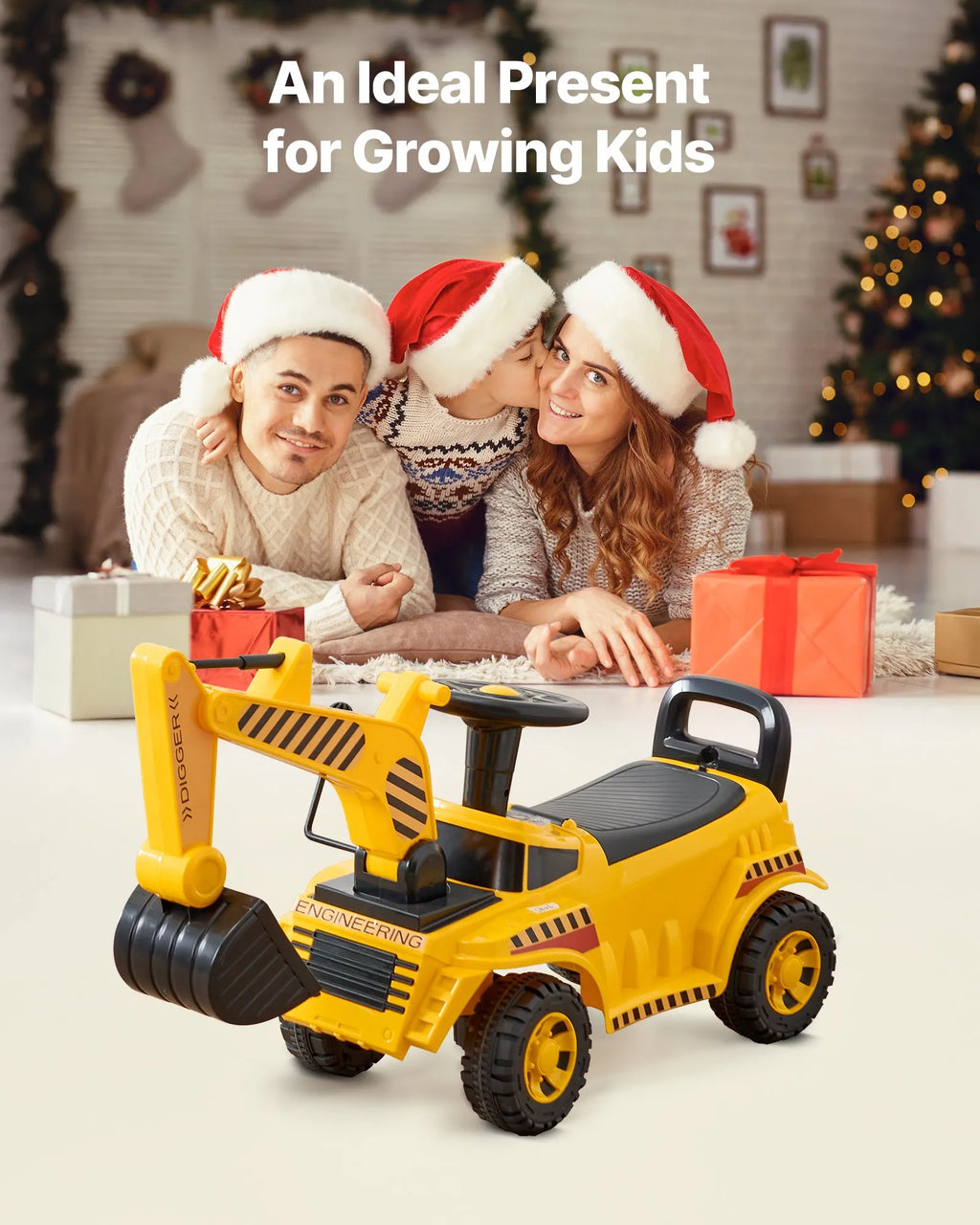 Toddler Ride-On Excavator Car with Helmet & Music, Foot-to-Floor Digger Toy, 55 lbs Capacity, Yellow