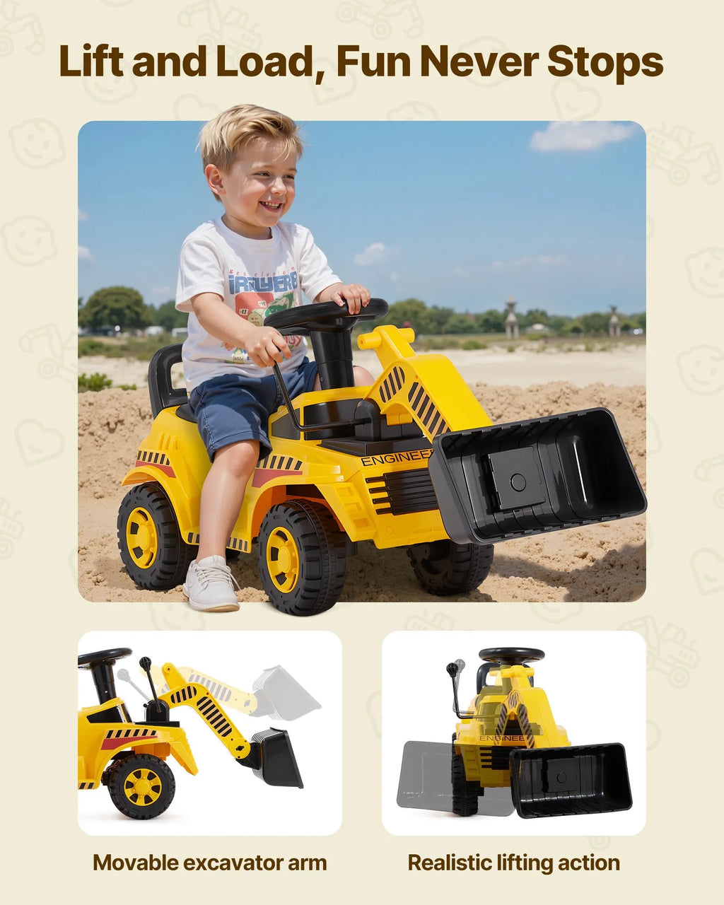 Ride-On Excavator Car for Toddlers 19-36 Months, Foot-to-Floor Digger Toy with Music & Storage, 55 lbs Capacity, Yellow
