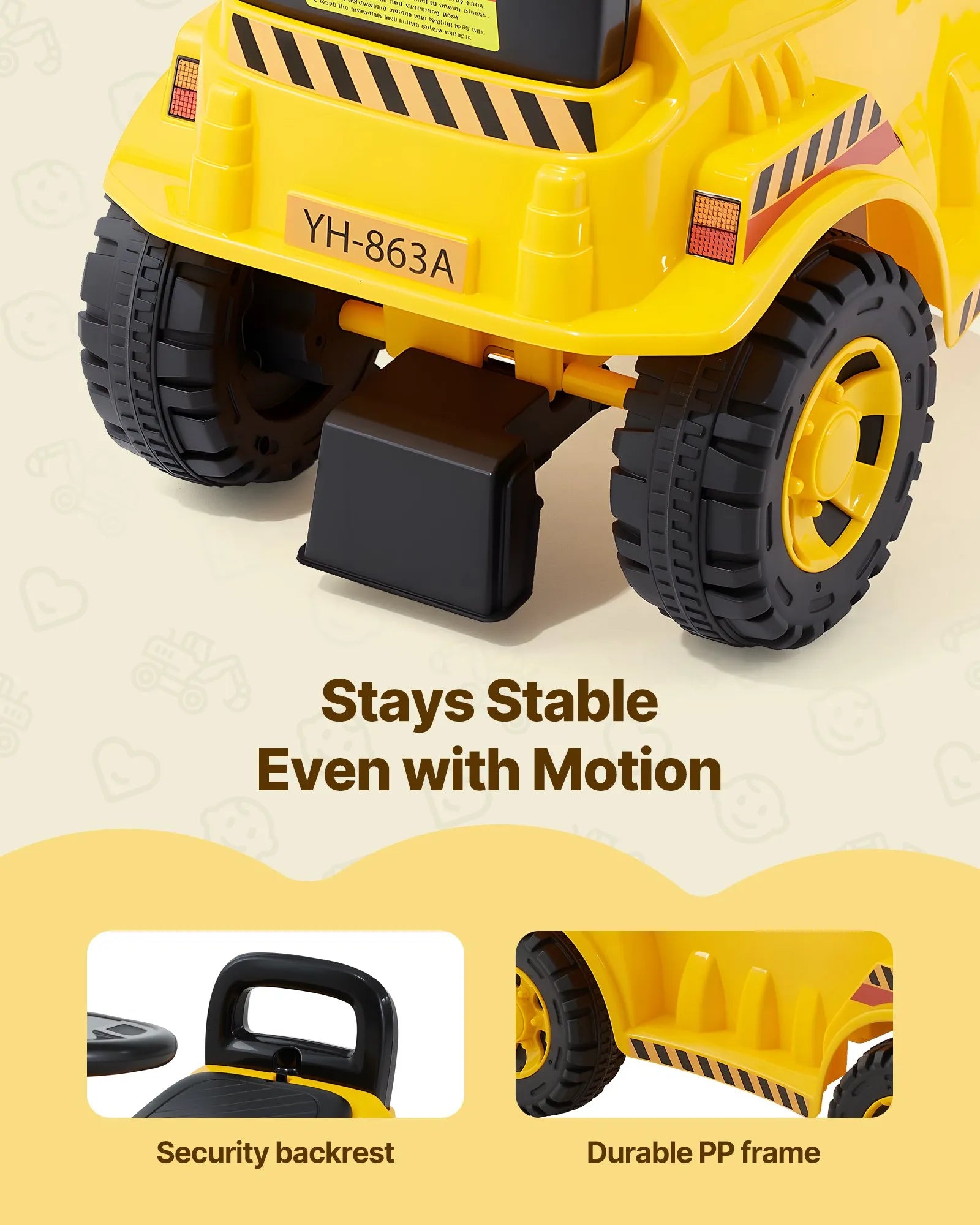 Ride-On Excavator Car for Toddlers 19-36 Months, Foot-to-Floor Digger Toy with Music & Storage, 55 lbs Capacity, Yellow