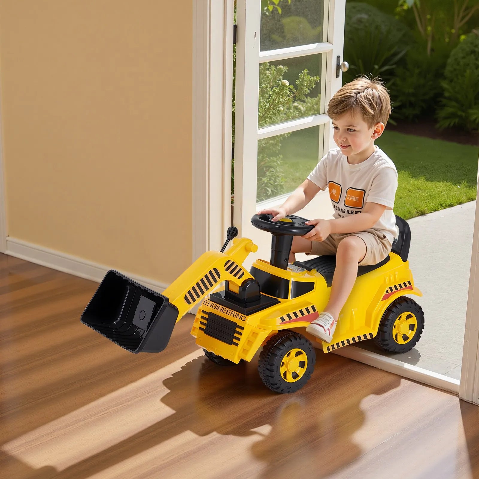 Ride-On Excavator Car for Toddlers 19-36 Months, Foot-to-Floor Digger Toy with Music & Storage, 55 lbs Capacity, Yellow
