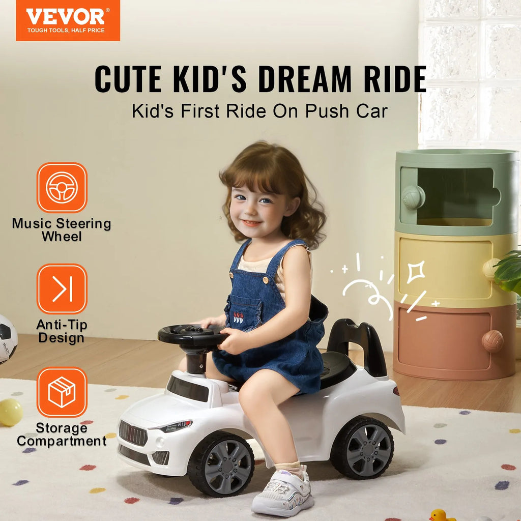 Toddler Ride On Push Car with Music & Storage, White, Ages 1-3