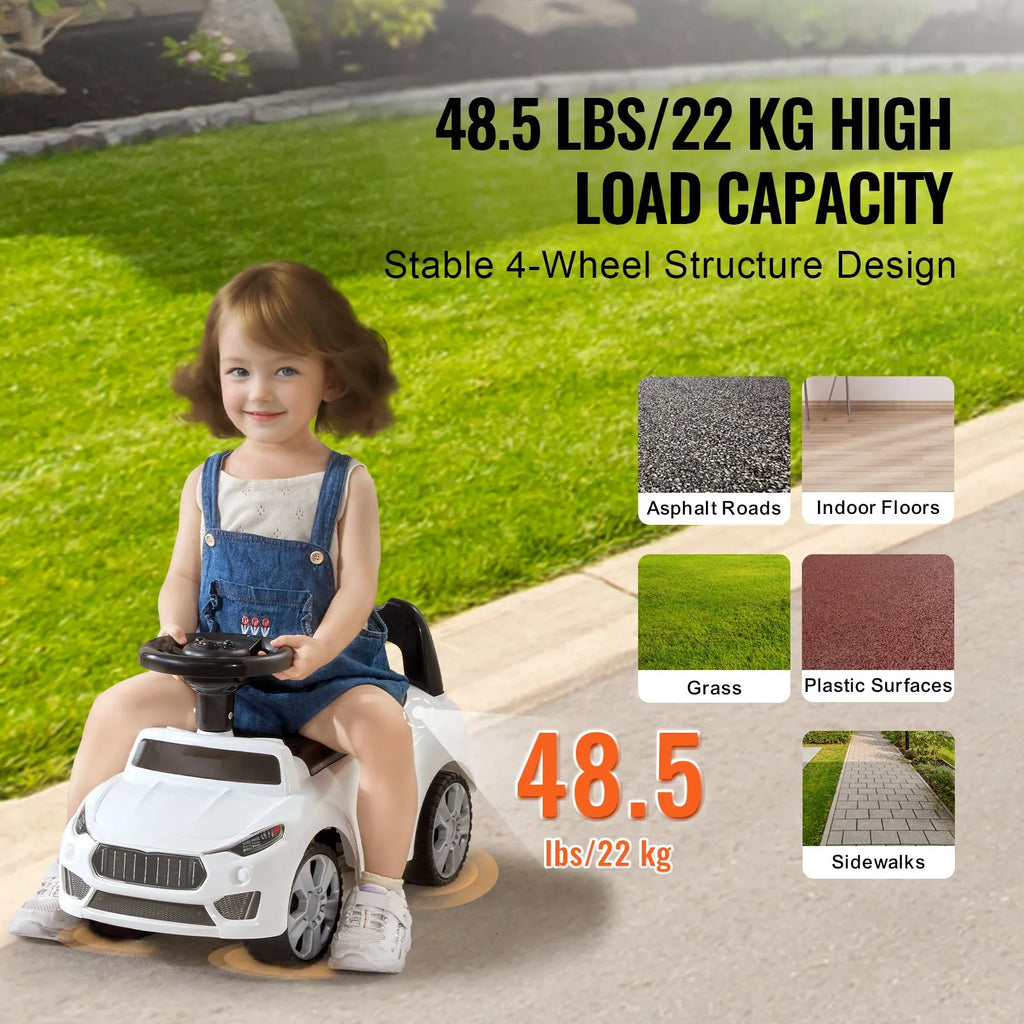 Toddler Ride On Push Car with Music & Storage, White, Ages 1-3