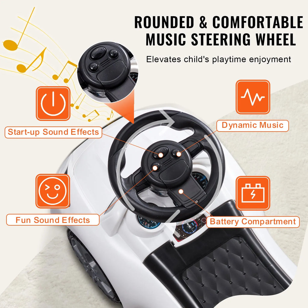Toddler Ride On Push Car with Music & Storage, White, Ages 1-3