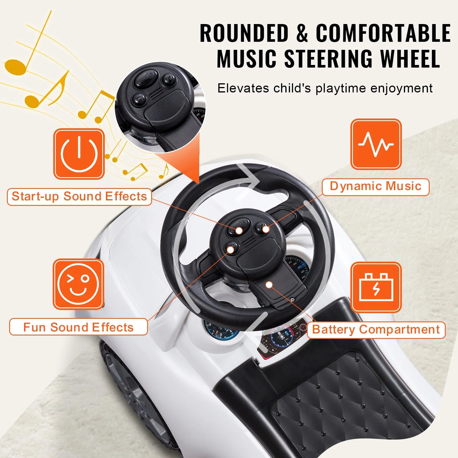 Toddler Ride On Push Car with Music & Storage, White, Ages 1-3