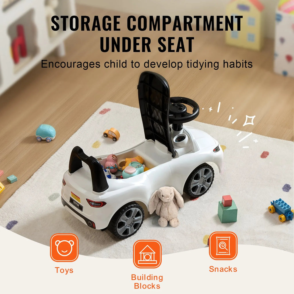 Toddler Ride On Push Car with Music & Storage, White, Ages 1-3