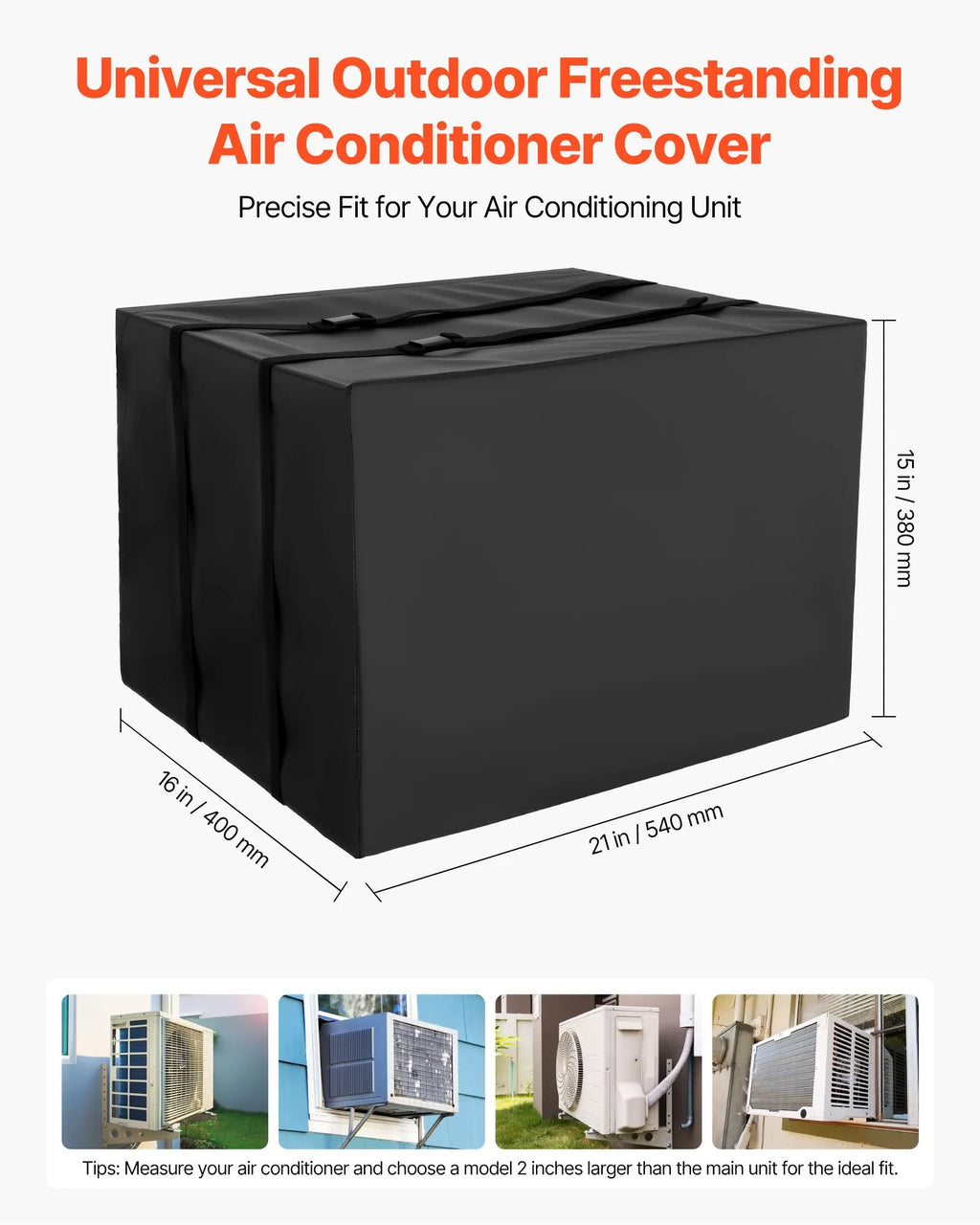 Waterproof Outdoor AC Cover, Double-Layer Polyester, Adjustable Straps, 20.87" x 15.75" x 14.96", Black