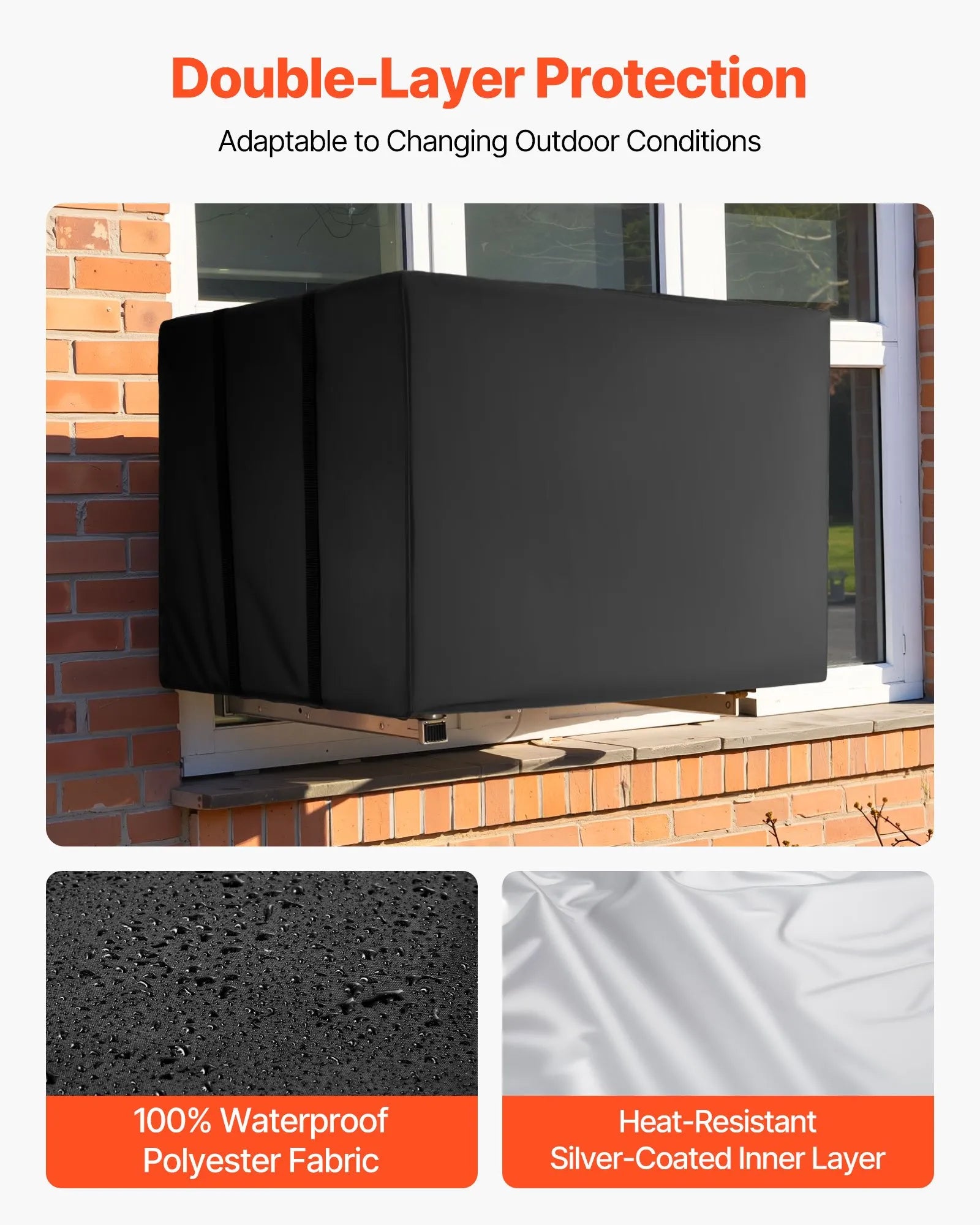 Waterproof Outdoor AC Cover, Double-Layer Polyester, Adjustable Straps, 20.87" x 15.75" x 14.96", Black