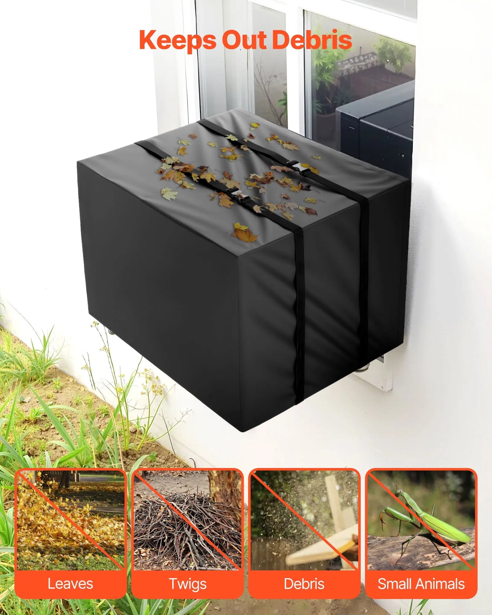 Waterproof Outdoor AC Cover, Double-Layer Polyester, Adjustable Straps, 20.87" x 15.75" x 14.96", Black