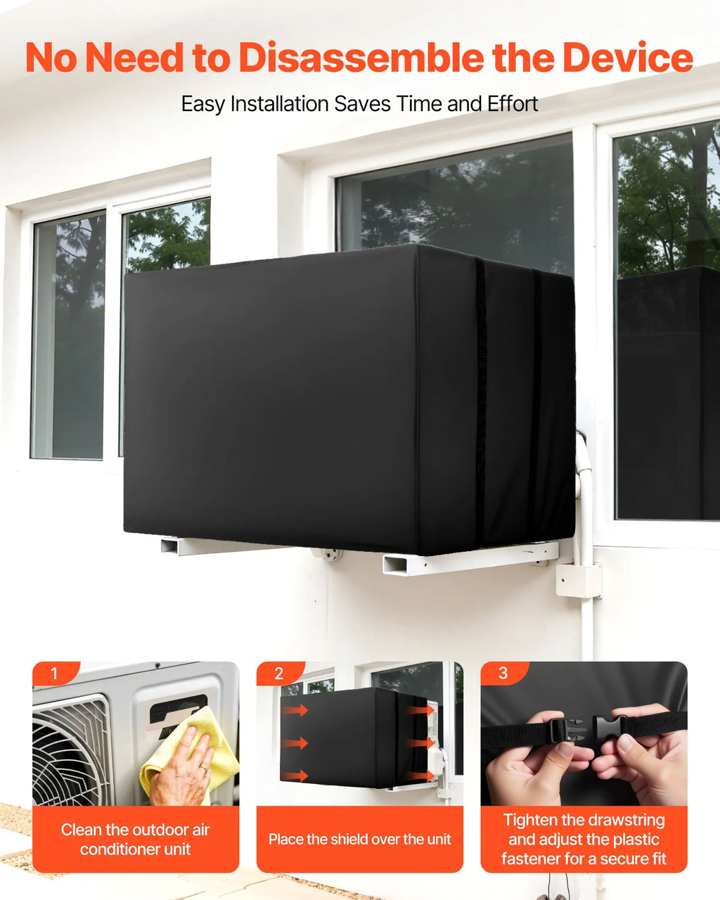 Waterproof Outdoor AC Cover, Double-Layer Polyester, Adjustable Straps, 20.87" x 15.75" x 14.96", Black